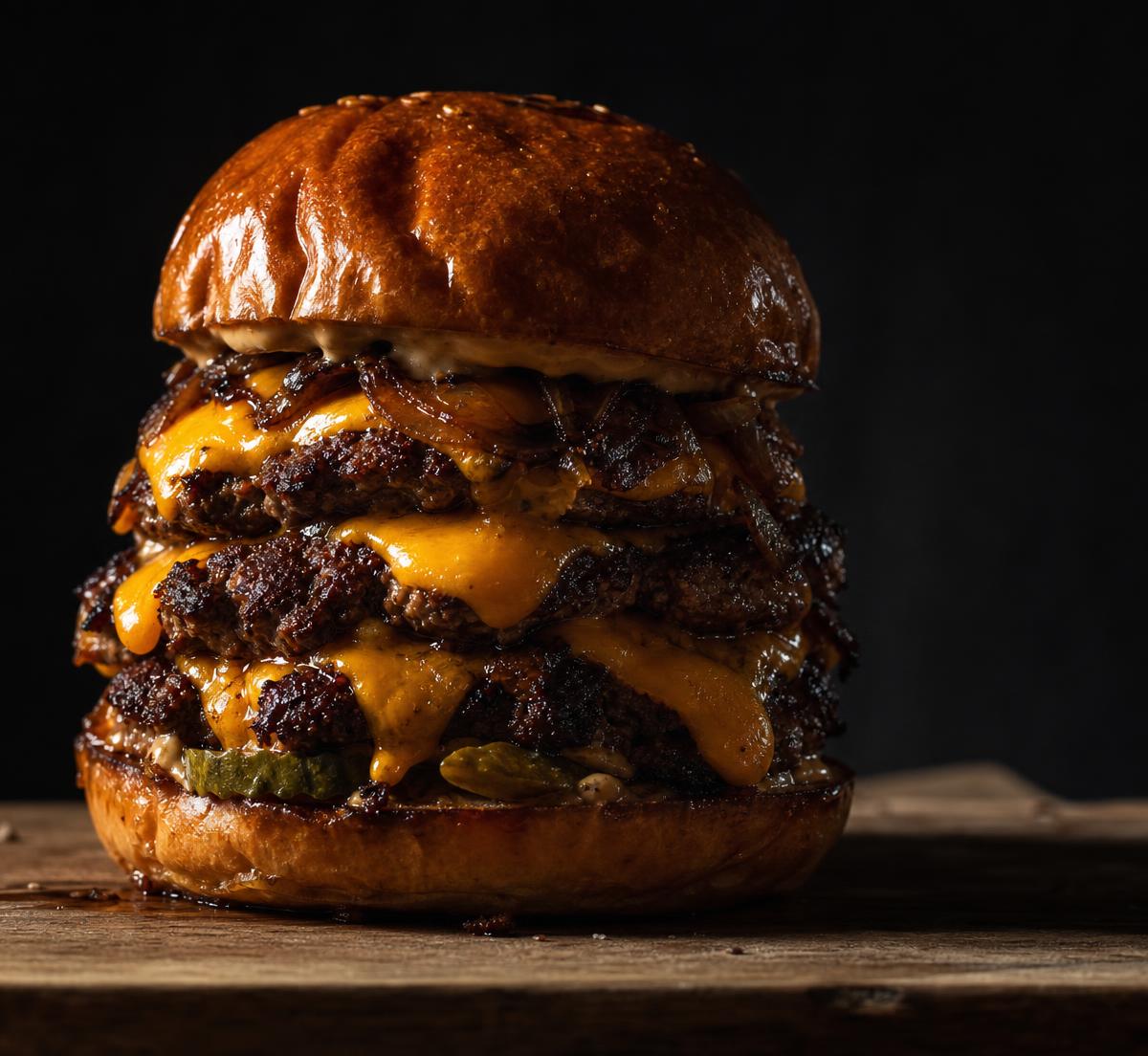Gestapelter Smashparadise Burger mit geschmolzenem Cheddar
